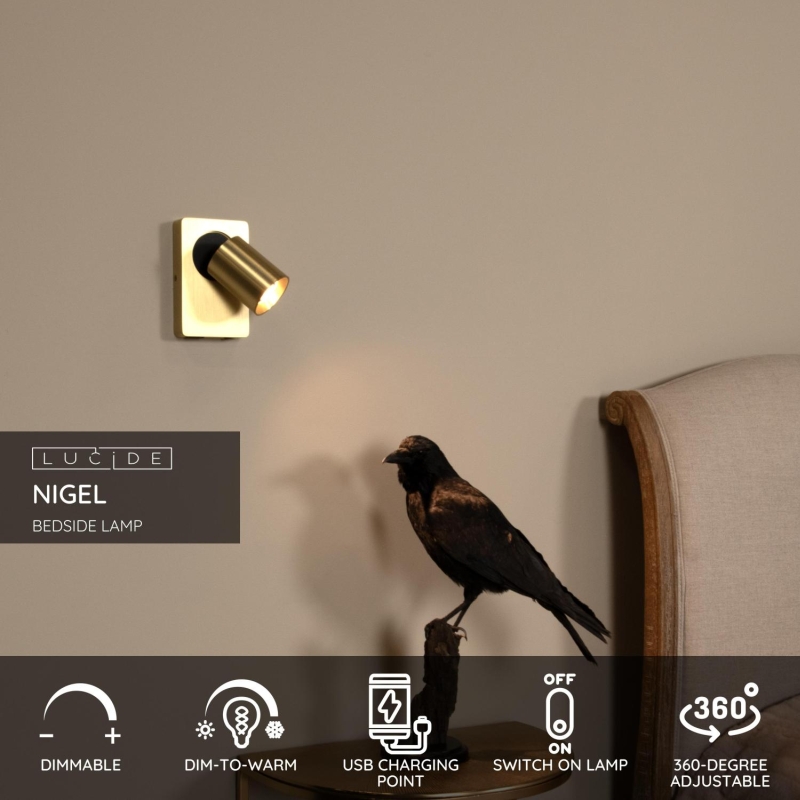 Lucide NIGEL - Nástenné bodové svietidlo - LED Dim. - GU10 - 1x5W 3000K - S nabíjacím bodom USB - Matt Gold / Mosadz